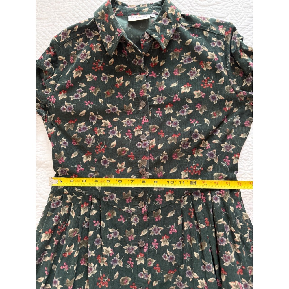 Vintage Susan Bristol Floral Pinwale Corduroy Maxi Dress Green Drop Waist 12 - Picture 11 of 16